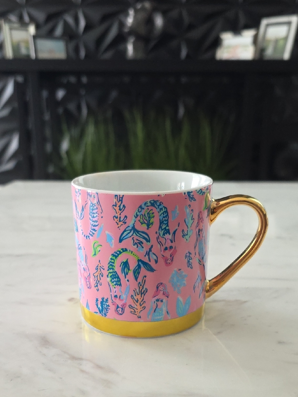 Lilly Pulitzer Pink Mug with Gold Handle and Blue-Green Fish Motif